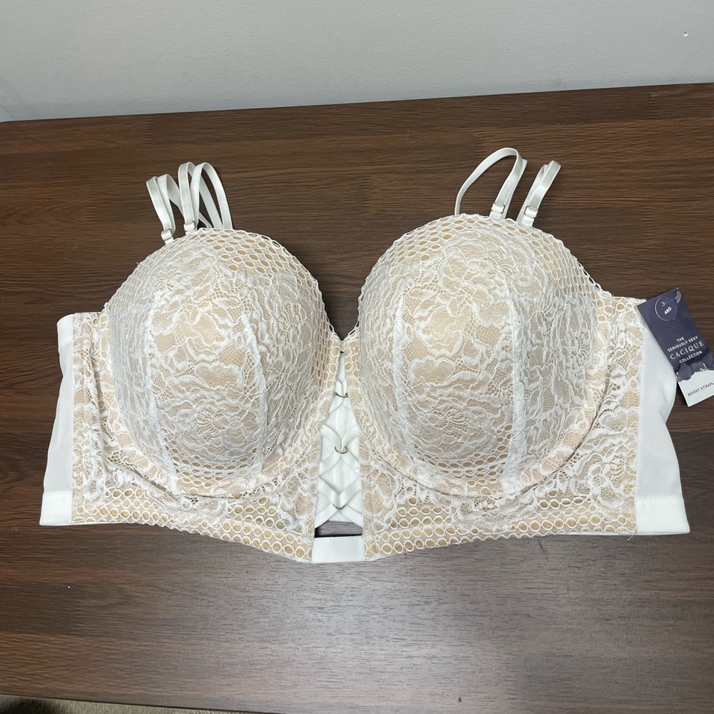 NWT Cacique Boost Strapless White Lace Bra Convertible Straps 48D